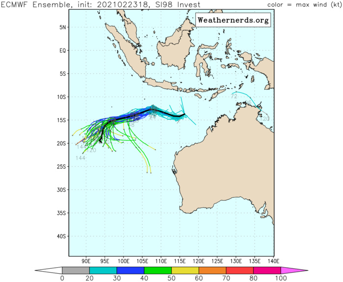 INVEST 98S. RADIAL OUTFLOW, LOW VERTICAL  WIND SHEAR (10-15KTS) AND WARM SEA SURFACE TEMPERATURES (29-30C)  CREATE FAVORABLE CONDITIONS FOR FURTHER DEVELOPMENT. GLOBAL MODELS  INDICATE INVEST 98S WILL TRACK WESTWARD AND INTENSIFY QUICKLY OVER  THE NEXT 36-48 HOURS.