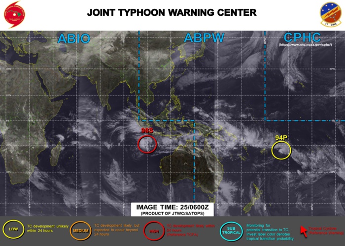 25/06UTC. JTWC HAS UP-GRADED INVEST 98S TO HIGH WHEREAS INVEST 94P REMAINS LOW. 3HOURLY SATELLITE BULLETINS ARE ISSUED FOR 98S.