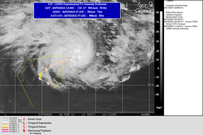22S(MARIAN). WARNING 2 ISSUED AT 26/15UTC. UPPER LEVEL ANALYSIS INDICATES LOW  TO MODERATE (10-15KT) VERTICAL WIND SHEAR AND GOOD RADIAL  OUTFLOW. ADDITIONALLY, ALONG-TRACK SEA SURFACE TEMPERATURES ARE  CONDUCIVE AT 28-29C. TC 22S WILL TRACK MORE WEST-SOUTHWESTWARD TO  SOUTHWESTWARD ALONG THE NORTHWESTERN PERIPHERY OF THE DEEP-LAYERED  SUBTROPICAL RIDGE (STR) TO THE SOUTHEAST. AFTER 48H, THE CYCLONE  WILL SLOW DOWN AS IT ROUNDS THE WESTERN EDGE OF THE STR, AND AFTER  96H, WILL RE-ACCELERATE SOUTHEASTWARD ON THE POLEWARD SIDE OF THE  STR. THE FAVORABLE ENVIRONMENT WILL PROMOTE A GRADUAL  INTENSIFICATION TO A PEAK OF 85KTS/US CATEGORY 2 BY 72H. AFTERWARD, INCREASING  WIND SHEAR AS THE SYSTEM MAKES THE TURN INTO THE PREVAILING WESTERLIES WILL  GRADUALLY ERODE THE SYSTEM DOWN TO 65KNOTS/US CATEGORY 1 BY 120H. 22S(MARIAN). WARNING 2 ISSUED AT 26/15UTC. UPPER LEVEL ANALYSIS INDICATES LOW  TO MODERATE (10-15KT) VERTICAL WIND SHEAR AND GOOD RADIAL  OUTFLOW. ADDITIONALLY, ALONG-TRACK SEA SURFACE TEMPERATURES ARE  CONDUCIVE AT 28-29C. TC 22S WILL TRACK MORE WEST-SOUTHWESTWARD TO  SOUTHWESTWARD ALONG THE NORTHWESTERN PERIPHERY OF THE DEEP-LAYERED  SUBTROPICAL RIDGE (STR) TO THE SOUTHEAST. AFTER 48H, THE CYCLONE  WILL SLOW DOWN AS IT ROUNDS THE WESTERN EDGE OF THE STR, AND AFTER  96H, WILL RE-ACCELERATE SOUTHEASTWARD ON THE POLEWARD SIDE OF THE  STR. THE FAVORABLE ENVIRONMENT WILL PROMOTE A GRADUAL  INTENSIFICATION TO A PEAK OF 85KTS/US CATEGORY 2 BY 72H. AFTERWARD, INCREASING  WIND SHEAR AS THE SYSTEM MAKES THE TURN INTO THE PREVAILING WESTERLIES WILL  GRADUALLY ERODE THE SYSTEM DOWN TO 65KNOTS/US CATEGORY 1 BY 120H.