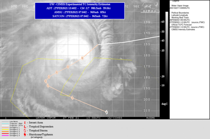 22S(MARIAN). WARNING 4 ISSUED AT 27/15UTC. TC 22S IS CURRENTLY TRACKING TOWARDS THE SOUTHWEST ALONG THE WESTERN SIDE OF A COMPLEX RIDGE PATTERN EXTENDING SOUTHWARD FROM A NEAR EQUATORIAL RIDGE (NER) OVER THE JAVA SEA, TO A SMALL SUBTROPICAL RIDGE (STR) CENTERED WELL TO THE SOUTH. THE ENVIRONMENT IS RELATIVELY FAVORABLE WITH LOW TO MODERATE (15-20 KTS) EASTERLY WIND SHEAR, MODERATE EQUATORWARD AND WEAK POLEWARD OUTFLOW AND WARM (28-29C) SSTS. OVER THE NEXT 36  HOURS, TC 22S IS FORECAST TO CONTINUE TRACKING TO THE SOUTHWEST,  WHILE STEADILY SLOWING AS THE STR TO THE SOUTH STRENGTHENS. BETWEEN 36H AND 48H THE SYSTEM IS EXPECTED TO BECOME NEARLY QUASI- STATIONARY AS THE STR TO THE SOUTH REACHES ITS MAXIMUM STRENGTH AND  MOVES TO A POSITION DUE SOUTH OF THE TC. BY 72H, THE STR TO THE  SOUTH BEGINS TO MOVE TO THE EAST AND EVENTUALLY DISSIPATES AHEAD OF  AN APPROACHING MAJOR SHORTWAVE TROUGH, ALLOWING FOR A STRONGER NER  TO RESUME THE DOMINATE STEERING ROLE, PUSHING TC 22S ONTO AN  ACCELERATING SOUTHEASTERLY TRAJECTORY THROUGH THE REMAINDER OF THE  FORECAST PERIOD. TC 22S WILL STEADILY INTENSIFY OVER THE NEXT 36  HOURS, REACHING A PEAK OF 80 KNOTS/US CAT1 AS WIND SHEAR DECREASES AND THE UPPER- LEVEL OUTFLOW IMPROVES DUE TO EXPECTED DEVELOPMENT OF A POINT SOURCE  OVER TOP OF THE SYSTEM. AFTER THE SYSTEM TURNS SOUTHEASTWARD, SSTS  WILL BEGIN TO COOL AND THE OUTFLOW PATTERN BECOMES SLIGHTLY LESS  FAVORABLE, LEADING TO A STEADY WEAKENING TREND THROUGH 120H.