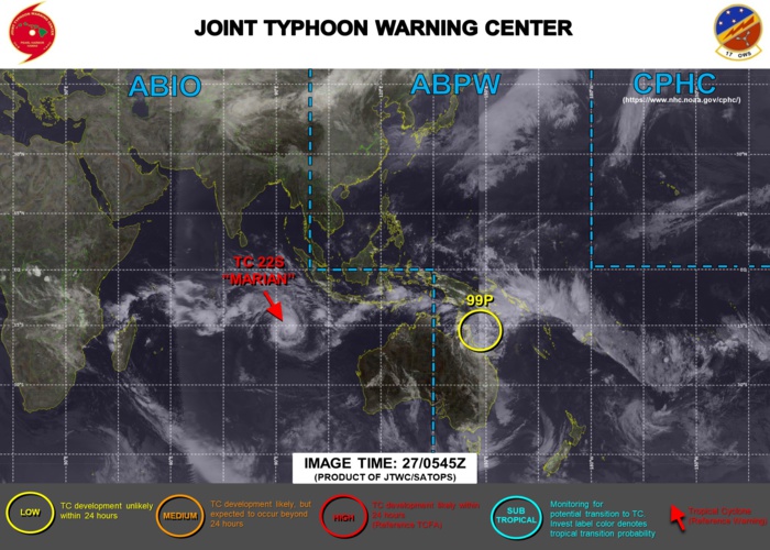 27/12UTC. JTWC IS ISSUING 12HOURLY WARNINGS AND 3 HOURLY SATELLITE BULLETINS ON TC 22S(MARIAN). INVEST 99P REMAINS ON THE MAP AND REMAINS LOW FOR THE NEXT 24HOURS.
