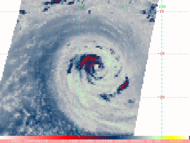 22S(MARIAN). 27/2131UTC. MICROWAVE IMAGE REVEALS SPIRAL BANDING  WRAPPING AROUND THE WESTERN AND NORTHERN SEMICIRCLES WITH A BREAK IN  THE EYEWALL AND WEAKER BANDING OVER THE SOUTHEAST QUADRANT DUE TO  PERSISTENT EAST-NORTHEASTERLY VERTICAL WIND SHEAR. 22S(MARIAN). 27/2131UTC. MICROWAVE IMAGE REVEALS SPIRAL BANDING  WRAPPING AROUND THE WESTERN AND NORTHERN SEMICIRCLES WITH A BREAK IN  THE EYEWALL AND WEAKER BANDING OVER THE SOUTHEAST QUADRANT DUE TO  PERSISTENT EAST-NORTHEASTERLY VERTICAL WIND SHEAR.