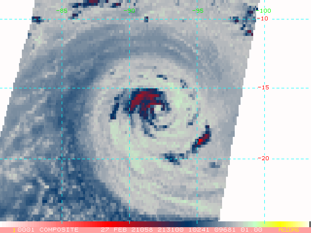 22S(MARIAN). 27/2131UTC. MICROWAVE IMAGE REVEALS SPIRAL BANDING  WRAPPING AROUND THE WESTERN AND NORTHERN SEMICIRCLES WITH A BREAK IN  THE EYEWALL AND WEAKER BANDING OVER THE SOUTHEAST QUADRANT DUE TO  PERSISTENT EAST-NORTHEASTERLY VERTICAL WIND SHEAR.