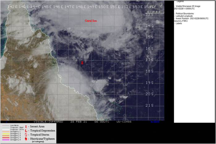INVEST 99P. 28/1130UTC. ANIMATED MULTISPECTRAL SATELLITE  IMAGERY, A COMPOSITE RADAR LOOP FROM WILLIS ISLAND, AND A 280702UTC  SSMIS 91 GHZ MICROWAVE PASS REVEAL DISORGANIZED BANDING WRAPPING  INTO A LOW LEVEL CIRCULATION CENTER WITH FLARING CONVECTION  IN THE SOUTHERN PERIPHERY. CLICK TO ANIMATE IF NEEDED.