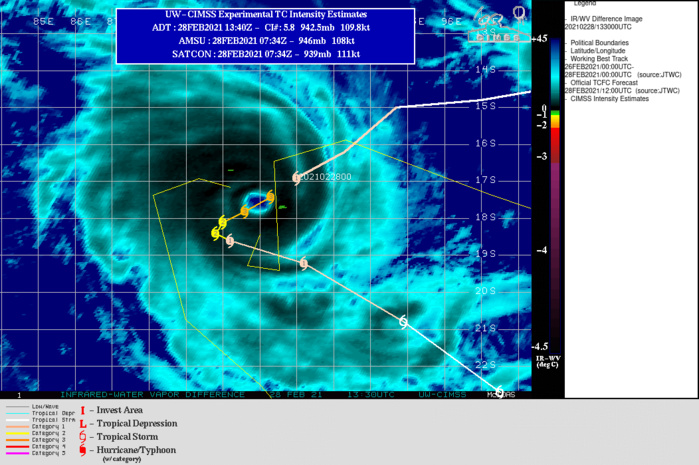 22S(MARIAN). WARNING 6 ISSUED AT 28/15UTC.THE SYSTEM LIES IN A COMPLEX STEERING PATTERN BETWEEN A NEAR EQUATORIAL  RIDGE (NER) TO THE NORTHEAST AND A SUBTROPICAL RIDGE (STR) TO THE  SOUTHWEST. THE CYCLONE IS CURRENTLY EXHIBITING TROCHOIDAL MOTION  ABOUT THE OVERALL AVERAGE MOTION VECTOR TOWARDS THE SOUTHWEST. OVER  THE NEXT 24 HOURS, THE SYSTEM IS EXPECTED TO SLOW AND BECOME QUASI- STATIONARY AS THE STR TO THE SOUTH BUILDS, BLOCKING FURTHER  SOUTHWARD MOVEMENT. BETWEEN 24H AND 48H, THE CYCLONE IS EXPECTED TO  SLOWLY TURN TOWARDS THE SOUTHEAST AS THE STR RAPIDLY TRANSITS  EASTWARD AND WEAKENS, ALLOWING FOR THE NER TO THE NORTH TO RESUME  THE DOMINATE STEERING ROLE. AFTER 48H, THE SYSTEM WILL ACCELERATE  SOUTHEASTWARD ALONG THE SOUTHWEST PERIPHERY OF THE DEEP NER TO THE  NORTH, AND AHEAD OF A MAJOR SHORTWAVE TROUGH APPROACHING FROM THE  WEST. TC 22S HAS LIKELY REACHED ITS PEAK INTENSITY AND IS EXPECTED  TO MAINTAIN THE CURRENT INTENSITY THROUGH 12H. AFTER THIS POINT  THE SYSTEM WILL BEGIN TO SLOWLY BUT STEADILY WEAKEN AS IT ENCOUNTERS  COOLERS SSTS AND DECREASED OUTFLOW AS IT BECOMES ISOLATED FROM ANY  DISTINCT OUTFLOW CHANNELS. 22S(MARIAN). WARNING 6 ISSUED AT 28/15UTC.THE SYSTEM LIES IN A COMPLEX STEERING PATTERN BETWEEN A NEAR EQUATORIAL  RIDGE (NER) TO THE NORTHEAST AND A SUBTROPICAL RIDGE (STR) TO THE  SOUTHWEST. THE CYCLONE IS CURRENTLY EXHIBITING TROCHOIDAL MOTION  ABOUT THE OVERALL AVERAGE MOTION VECTOR TOWARDS THE SOUTHWEST. OVER  THE NEXT 24 HOURS, THE SYSTEM IS EXPECTED TO SLOW AND BECOME QUASI- STATIONARY AS THE STR TO THE SOUTH BUILDS, BLOCKING FURTHER  SOUTHWARD MOVEMENT. BETWEEN 24H AND 48H, THE CYCLONE IS EXPECTED TO  SLOWLY TURN TOWARDS THE SOUTHEAST AS THE STR RAPIDLY TRANSITS  EASTWARD AND WEAKENS, ALLOWING FOR THE NER TO THE NORTH TO RESUME  THE DOMINATE STEERING ROLE. AFTER 48H, THE SYSTEM WILL ACCELERATE  SOUTHEASTWARD ALONG THE SOUTHWEST PERIPHERY OF THE DEEP NER TO THE  NORTH, AND AHEAD OF A MAJOR SHORTWAVE TROUGH APPROACHING FROM THE  WEST. TC 22S HAS LIKELY REACHED ITS PEAK INTENSITY AND IS EXPECTED  TO MAINTAIN THE CURRENT INTENSITY THROUGH 12H. AFTER THIS POINT  THE SYSTEM WILL BEGIN TO SLOWLY BUT STEADILY WEAKEN AS IT ENCOUNTERS  COOLERS SSTS AND DECREASED OUTFLOW AS IT BECOMES ISOLATED FROM ANY  DISTINCT OUTFLOW CHANNELS.