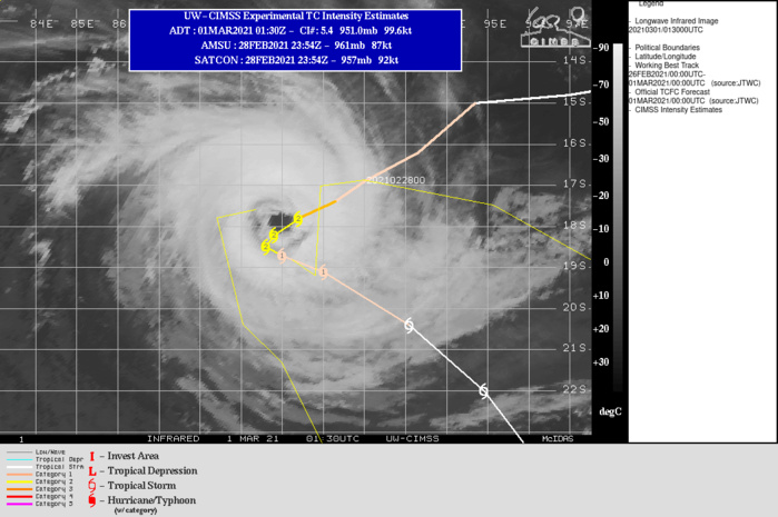 22S(MARIAN). WARNING 7 ISSUED AT 01/03UTC.  TC 22S HAS SLOWED AND IS FORECAST TO CONTINUE TRACKING SLOWLY SOUTHWESTWARD  ALONG THE NORTHWEST PERIPHERY OF A DEEP-LAYERED SUBTROPICAL RIDGE  (STR) POSITIONED TO THE SOUTHEAST THROUGH 12H. AFTER 12H, A  DEEP MIDLATITUDE TROUGH TO THE SOUTH WILL DEEPEN AND WEAKEN THE STR,  WHICH WILL RESULT IN A SLOW OR QUASI-STATIONARY TRACK MOTION THROUGH  36H. DUE TO THE EYEWALL REPLACEMENT CYCLE(ERC) AND POTENTIAL FOR THE SYSTEM TO UPWELL COOLER  WATER, THERE IS UNCERTAINTY IN THE INTENSITY FORECAST THROUGH 36H. THE CURRENT FORECAST MAINTAINS THE INTENSITY AT 90 KNOTS THROUGH  12H IN THE EVENT THE SYSTEM RE-STRENGTHENS AFTER ERC. AFTER 12H, COOLER SST VALUES AND UPWELLING COOLER WATER SHOULD LEAD TO A  STEADY WEAKENING TREND. AFTER 36H, THE MIDLATITUDE TROUGH WILL  COMPLETELY ERODE THE STR AND THE SYSTEM WILL BEGIN TO ACCELERATE  EAST-SOUTHEASTWARD TO SOUTHEASTWARD WITHIN THE STEERING FLOW BETWEEN  THE AFOREMENTIONED TROUGH AND THE NEAR EQUATORIAL RIDGE TO THE  NORTH. TC MARIAN WILL WEAKEN STEADILY THROUGH THE REMAINDER OF THE  FORECAST DUE TO COOLER SST (26-25C) VALUES, INCREASING VERTICAL WIND  SHEAR AND CONVERGENCE ALOFT.