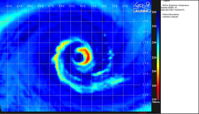 22S(MARIAN). 01/1045UTC. THE 91GHZ IMAGE INDICATED THAT THE SYSTEM HAS BECOME TILTED ALONG THE DOWN-SHEAR AXIS, WITH THE UPPER-LEVEL EYE TILTED TO THE SOUTH FROM THE LOW LEVEL SIGNATURE(IMAGE ABOVE), CONFIRMED BY HWRF CROSS SECTION ANALYSIS.. 22S(MARIAN). 01/1045UTC. THE 91GHZ IMAGE INDICATED THAT THE SYSTEM HAS BECOME TILTED ALONG THE DOWN-SHEAR AXIS, WITH THE UPPER-LEVEL EYE TILTED TO THE SOUTH FROM THE LOW LEVEL SIGNATURE(IMAGE ABOVE), CONFIRMED BY HWRF CROSS SECTION ANALYSIS..