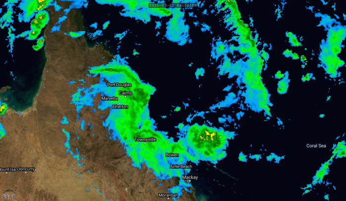 23P. 01/14UTC. ANIMATED ENHANCED INFRARED SATELLITE IMAGERY INDICATES THE SYSTEM REMAINS DISORGANIZED, WITH  FLARING CONVECTION DISPLACED WEST OF THE PARTIALLY EXPOSED LOW LEVEL  CIRCULATION CENTER. SURFACE OBSERVATIONS FROM BOUGAINVILLE REEF AND  ARLINGTON REEF AS WELL AS ANIMATED RADAR DATA FROM CAIRNS PROVIDED  GOOD CLARIFICATION ON THE INITIAL POSITION. CLICK TO ANIMATE THE IMAGE.