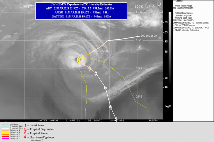 22S(MARIAN). WARNING 9 ISSUED AT 02/03UTC.TC 22S HAS SLOWED SIGNIFICANTLY AND IS BEGINNING TO ROUND THE NEAR-EQUATORIAL RIDGE  (NER) TO THE NORTHEAST AS A TRANSIENT SUBTROPICAL RIDGE (STR) TO THE  SOUTH-SOUTHEAST LIMITS THE POLEWARD MOVEMENT. VERTICAL WIND SHEAR  (VWS) REMAINS LOW (5-10 KTS), WITH WEAKER UPPER LEVEL RADIAL OUTFLOW  LIMITING THE POLEWARD MOVEMENT. THE UPWELLING OF COOLER WATERS, AND  THE DECREASE IN OUTFLOW ARE THE LIMITING FACTORS FOR ANY FURTHER  INTENSIFICATION WITH TC MARIAN. OVER THE NEXT 24 HOURS, THE STR TO  THE SOUTH WILL TRANSIT EASTWARD AND WEAKEN AS A MAJOR SHORTWAVE  TROUGH APPROACHES FROM THE WEST, LEADING TO A TRANSITION OF THE  PRIMARY STEERING MECHANISM TO THE NER TO THE NORTHEAST. TC 22S WILL  ACCELERATE SOUTHEASTWARD WITHIN THE GRADIENT BETWEEN THE NER AND THE  AFOREMENTIONED TROUGH AFTER 12H. AS THE SYSTEM TRANSLATES  SOUTHEASTWARD IT WILL MOVE OVER STEADILY COOLER SEAS AND ENCOUNTER  CONVERGENT FLOW ALOFT, LEADING TO STEADY WEAKENING THROUGH 96H  AND BEYOND. THE SYSTEM IS EXPECTED TO BEGIN TRANSITIONING TO A  SUBTROPICAL LOW AFTER 96H AS IT BEGINS TO MOVE UNDER A MID-LEVEL  LOW AND EXHIBITS WEAK THERMAL ADVECTION.