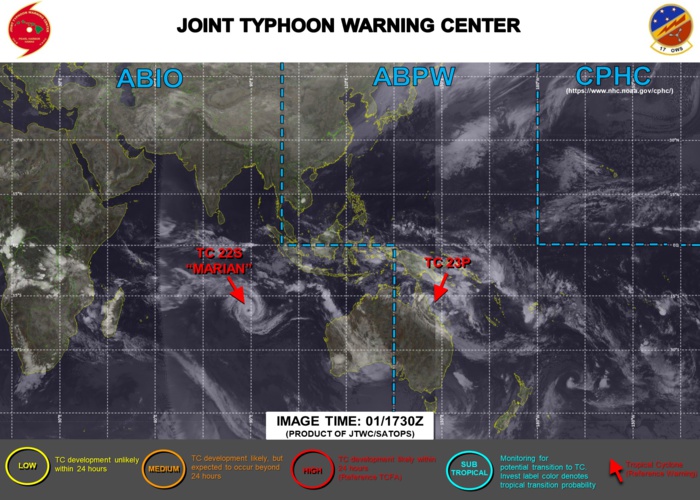 02/03UTC. JTWC IS ISSUING 3HOURLY WARNING ON TC 23P(NIRAN) AND 12HOURLY WARNINGS ON TC 22S(MARIAN). 3 HOURLY SATELLITE BULLETINS ARE ISSUED FOR BOTH SYSTEMS. 02/03UTC. JTWC IS ISSUING 3HOURLY WARNING ON TC 23P(NIRAN) AND 12HOURLY WARNINGS ON TC 22S(MARIAN). 3 HOURLY SATELLITE BULLETINS ARE ISSUED FOR BOTH SYSTEMS.
