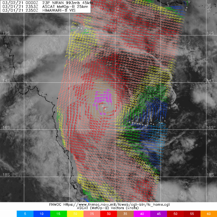 23P(NIRAN). 01/2353UTC.BULLSEYE PASS FROM METOP-B  ASCAT READ AT LEAST 40KNOT WINDS.