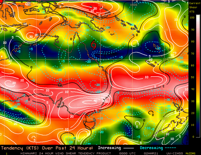 23P(NIRAN).  CIMSS Vertical Shear Magnitude : 9.1 m/s (17.6 kts) Direction : 82.9 deg Experimental Vertical Shear and TC Intensity Trend Estimates: FAVOURABLE OVER 24H