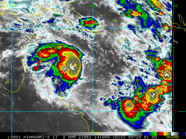 23P(NIRAN). 02/1410UTC. ANIMATED ENHANCED INFRARED SATELLITE IMAGERY SHOWS THE CENTRAL DENSE OVERCAST CONTINUED TO DEEPEN AND  EXPAND. ADDITIONALLY, A 020830UTC MULTISPECTRAL SATELLITE SUNSET  IMAGE, SHOWED OVERSHOOTING CLOUD TOPS AND A DIMPLE FEATURE NEAR THE  CENTER.