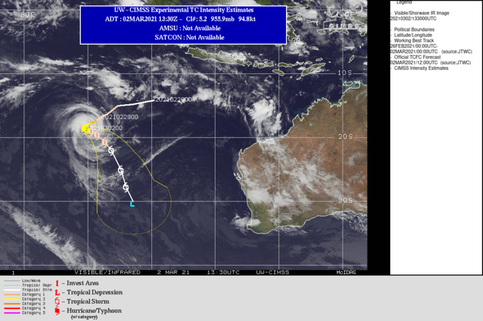 22S(MARIAN). WARNING 10 ISSUED AT 02/15UTC.THE SYSTEM IS IN A MARGINAL ENVIRONMENT WITH LOW (10-15KT) VERTICAL WIND SHEAR AND GOOD RADIAL OUTFLOW THAT ARE OFFSET BY SUBSIDENCE ALONG THE SOUTHWEST QUADRANT CAUSED BY THE MID-LATITUDE TROUGH TO THE SOUTHWEST AND TEPID (26C) SEA SURFACE TEMPERATURE (SST). TC 22S IS QUASI-STATIONARY AND SLOWLY MOVING OUT OF A COL BETWEEN THE NEAR EQUATORIAL RIDGE (NER) TO THE NORTH-NORTHEAST AND A SUBTROPICAL RIDGE (STR) TO THE SOUTH. THE STR TO THE SOUTH IS EXPECTED TO WEAKEN, ALLOWING FOR A SECONDARY STR BUILDING IN FROM THE EAST TO ASSUME STEERING AND EVENTUALLY DRIVE THE CYCLONE SOUTH- SOUTHEASTWARD. THE MARGINAL ENVIRONMENT IS EXPECTED TO GET WORSE WITH INCREASING WIND SHEAR AND COOLING SEAS, LEADING TO GRADUAL WEAKENING WITH INTENSITY FALLING BELOW 35KNOTS BY 120H. 22S(MARIAN). WARNING 10 ISSUED AT 02/15UTC.THE SYSTEM IS IN A MARGINAL ENVIRONMENT WITH LOW (10-15KT) VERTICAL WIND SHEAR AND GOOD RADIAL OUTFLOW THAT ARE OFFSET BY SUBSIDENCE ALONG THE SOUTHWEST QUADRANT CAUSED BY THE MID-LATITUDE TROUGH TO THE SOUTHWEST AND TEPID (26C) SEA SURFACE TEMPERATURE (SST). TC 22S IS QUASI-STATIONARY AND SLOWLY MOVING OUT OF A COL BETWEEN THE NEAR EQUATORIAL RIDGE (NER) TO THE NORTH-NORTHEAST AND A SUBTROPICAL RIDGE (STR) TO THE SOUTH. THE STR TO THE SOUTH IS EXPECTED TO WEAKEN, ALLOWING FOR A SECONDARY STR BUILDING IN FROM THE EAST TO ASSUME STEERING AND EVENTUALLY DRIVE THE CYCLONE SOUTH- SOUTHEASTWARD. THE MARGINAL ENVIRONMENT IS EXPECTED TO GET WORSE WITH INCREASING WIND SHEAR AND COOLING SEAS, LEADING TO GRADUAL WEAKENING WITH INTENSITY FALLING BELOW 35KNOTS BY 120H.