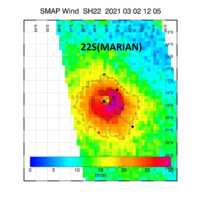 22S(MARIAN). 02/1205UTC. SMAP(NASA) READ 67KNOT WINDS(10 MINUTES). IT SUGGESTS A CURRENT INTENSITY SLIGHTLY LOWER THAN THE 12UTC JTWC ESTIMATE, 75/80KNOTS(1 MINUTE) INSTEAD OF 90KNOTS.