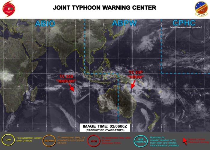 02/15UTC.  JTWC IS ISSUING 3HOURLY WARNING ON TC 23P(NIRAN) AND 12HOURLY WARNINGS ON TC 22S(MARIAN). 3 HOURLY SATELLITE BULLETINS ARE ISSUED FOR BOTH SYSTEMS. 02/15UTC.  JTWC IS ISSUING 3HOURLY WARNING ON TC 23P(NIRAN) AND 12HOURLY WARNINGS ON TC 22S(MARIAN). 3 HOURLY SATELLITE BULLETINS ARE ISSUED FOR BOTH SYSTEMS.