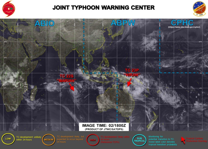 03/03UTC. JTWC IS ISSUING 3HOURLY WARNING ON TC 23P(NIRAN) AND 12HOURLY WARNINGS ON TC 22S(MARIAN). 3 HOURLY SATELLITE BULLETINS ARE ISSUED FOR BOTH SYSTEMS.