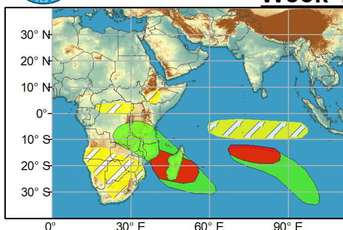 Semaine 1. 2 zones sont suspectées pour une cyclogenèse sur le Sud Indien. Elles apparaissent en rouge comme disposant d'une bonne chance de développement. Une autre est aussi repérée sur le Sud Pacifique au Sud des îles Fidji mais avec un potentiel apparemment mois élevé. NOAA. Semaine 1. 2 zones sont suspectées pour une cyclogenèse sur le Sud Indien. Elles apparaissent en rouge comme disposant d'une bonne chance de développement. Une autre est aussi repérée sur le Sud Pacifique au Sud des îles Fidji mais avec un potentiel apparemment mois élevé. NOAA.