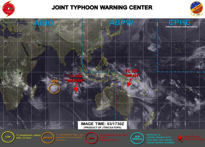 03/18UTC. JTWC HAS BEEN ISSUING 6HOURLY WARNINGS ON 23P(NIRAN) AND 12HOURLY WARNINGS ON 22S(MARIAN). 3 HOURLY SATELLITE BULLETINS ARE ISSUED FOR BOTH SYSTEMS. INVEST 90S IS NOW ON THE MAP WITH CURRENTLY MEDIUM CHANCES OF REACHING 35KNOTS WITHIN 24HOURS. REFER TO THE CHART BELOW. 03/18UTC. JTWC HAS BEEN ISSUING 6HOURLY WARNINGS ON 23P(NIRAN) AND 12HOURLY WARNINGS ON 22S(MARIAN). 3 HOURLY SATELLITE BULLETINS ARE ISSUED FOR BOTH SYSTEMS. INVEST 90S IS NOW ON THE MAP WITH CURRENTLY MEDIUM CHANCES OF REACHING 35KNOTS WITHIN 24HOURS. REFER TO THE CHART BELOW.