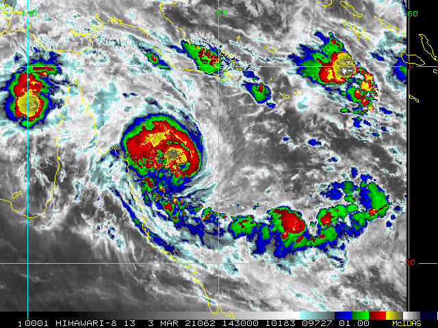 23P(NIRAN). 03/1430UTC.ANIMATED ENHANCED INFRARED SATELLITE IMAGERY SHOWS THE SYSTEM HAS MAINTAINED OVERALL CONVECTIVE SIGNATURE WITH THE MAIN FEEDER BAND WRAPPING IN FROM THE NORTH INTO AN OBSCURED LOW LEVEL CIRCULATION THAT IS UNDER COLD OVERSHOOTING CLOUD TOPS.