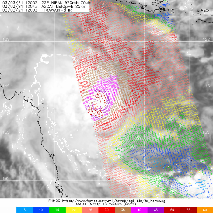 23P(NIRAN). 03/1204UTC.ASCAT PASS CORROBORATES THE QUASI-STATIONARY MOTION OF THE CYCLONE. 23P(NIRAN). 03/1204UTC.ASCAT PASS CORROBORATES THE QUASI-STATIONARY MOTION OF THE CYCLONE.
