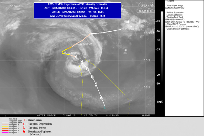 22S(MARIAN). WARNING 12 ISSUED AT 03/15UTC.THE SYSTEM IS IN A DETERIORATING ENVIRONMENT WITH INCREASING VERTICAL WIND SHEAR (15KTS+) AND COOLING SSTS (25C). TC 22S HAS MOVED OUT OF THE COL BETWEEN THE NEAR EQUATORIAL RIDGE (NER)TO THE NORTH-NORTHEAST AND A SUBTROPICAL RIDGE (STR) TO THE SOUTH WHICH HAS WEAKENED AND ALLOWED A SECONDARY STR TO BUILD IN FROM THE EAST AND ASSUME STEERING. THIS NEW STR WILL DRIVE THE CYCLONE SOUTH-SOUTHEASTWARD FOR THE WHOLE DURATION OF THE FORECAST. THE HARSH ENVIRONMENT WILL CONTINUE THE GRADUAL WEAKENING AND EVENTUALLY THE INTENSITY FALLING BELOW 35KNOTS BY 96H, POSSIBLY SOONER. 22S(MARIAN). WARNING 12 ISSUED AT 03/15UTC.THE SYSTEM IS IN A DETERIORATING ENVIRONMENT WITH INCREASING VERTICAL WIND SHEAR (15KTS+) AND COOLING SSTS (25C). TC 22S HAS MOVED OUT OF THE COL BETWEEN THE NEAR EQUATORIAL RIDGE (NER)TO THE NORTH-NORTHEAST AND A SUBTROPICAL RIDGE (STR) TO THE SOUTH WHICH HAS WEAKENED AND ALLOWED A SECONDARY STR TO BUILD IN FROM THE EAST AND ASSUME STEERING. THIS NEW STR WILL DRIVE THE CYCLONE SOUTH-SOUTHEASTWARD FOR THE WHOLE DURATION OF THE FORECAST. THE HARSH ENVIRONMENT WILL CONTINUE THE GRADUAL WEAKENING AND EVENTUALLY THE INTENSITY FALLING BELOW 35KNOTS BY 96H, POSSIBLY SOONER.