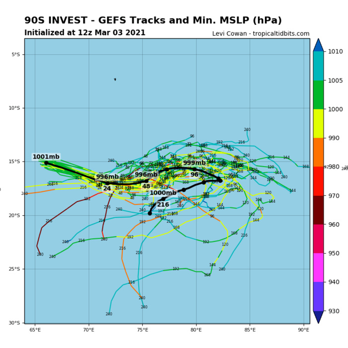 INVEST 90S. ANIMATED ENHANCED INFRARED SATELLITE  IMAGERY AND A 031428Z SSMIS 91GHZ MICROWAVE IMAGE DEPICT FRAGMENTED  FORMATIVE BANDING WRAPPING INTO AN ELONGATED LOW LEVEL CIRCULATION  CENTER (LLCC) WITH FLARING CONVECTION IN THE EASTERN SEMICIRCLE.  INVEST 90S IS IN A FAVORABLE ENVIRONMENT FOR DEVELOPMENT WITH GOOD  OUTFLOW ALOFT, LOW (