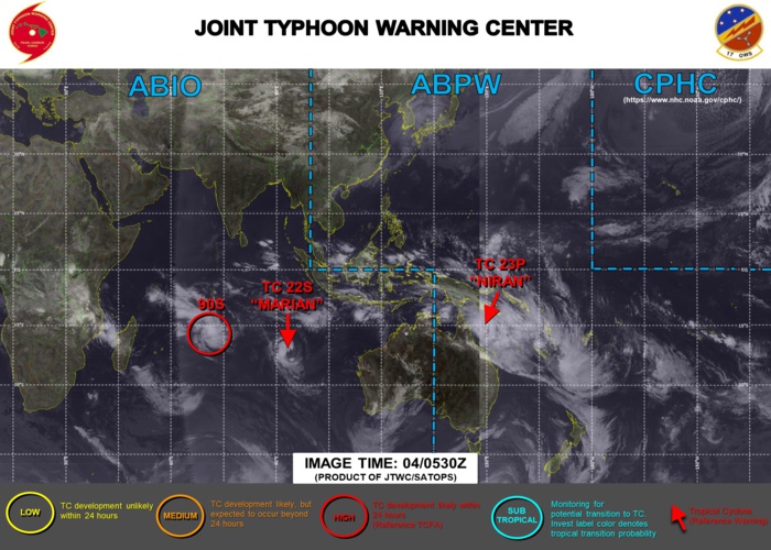 04/06UTC. JTWC HAS BEEN ISSUING 6HOURLY WARNINGS ON 23P(NIRAN) AND 12HOURLY WARNINGS ON 22S(MARIAN). 3 HOURLY SATELLITE BULLETINS ARE ISSUED FOR BOTH SYSTEMS. INVEST 90S IS NOW LIKELY TO  REACH35KNOTS WITHIN 24HOURS. JTWC HAS BEGUN ISSUING 3 HOURLY SATELLITE BULLETINS FOR 90S AT 04/06UTC.
