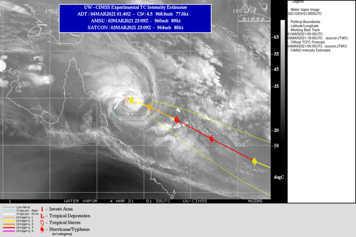 23P(NIRAN). WARNING 13 ISSUED AT 04/03UTC.UPPER-LEVEL ANALYSIS INDICATES A FAVORABLE ENVIRONMENT WITH GOOD  OUTFLOW, LOW VERTICAL WIND SHEAR AND WARM SST VALUES (29-30C).  TC 23P IS FORECAST TO ACCELERATE EAST-SOUTHEASTWARD THROUGH THE  FORECAST PERIOD WITHIN THE ENHANCED FLOW BETWEEN A STRONG MAJOR  TROUGH TO THE SOUTH AND THE STEERING RIDGE ENTRENCHED TO THE NORTH  AND NORTHEAST. BASED ON THE TRIGGERING OF RAPID  INTENSIFICATION PREDICTION AIDS, THE PRESENCE OF A COMPACT CYAN RING  FEATURE IN THE 032031Z SSMIS 37GHZ COLOR COMPOSITE IMAGE, WHICH IS  TYPICALLY INDICATIVE OF IMMINENT RAPID INTENSIFICATION, AND THE  FORMATION OF A SMALL EYE IN EIR, TC 23P IS EXPECTED TO RAPIDLY  INTENSIFY TO A PEAK OF 120 KNOTS/US CATEGORY 4 BY 24H BUT THIS COULD OCCUR  EARLIER AND PEAK AT A HIGHER INTENSITY. AFTER 36H, TC 23P WILL  ENCOUNTER INCREASING VERTICAL WIND SHEAR ASSOCIATED WITH THE SUBTROPICAL WESTERLIES  AND WILL WEAKEN STEADILY THROUGH THE REMAINDER OF THE PERIOD. NEAR  72H, THE SYSTEM WILL COMMENCE SUBTROPICAL TRANSITION AS IT  BECOMES EMBEDDED WITHIN THE SUBTROPICAL WESTERLIES AND INTERACTS  WITH WEAK BAROCLINICITY ALONG THE NORTHERN EDGE OF THE BAROCLINIC  ZONE. THE SYSTEM SHOULD COMPLETE SUBTROPICAL TRANSITION AS A STORM- FORCE LOW BY 96H.