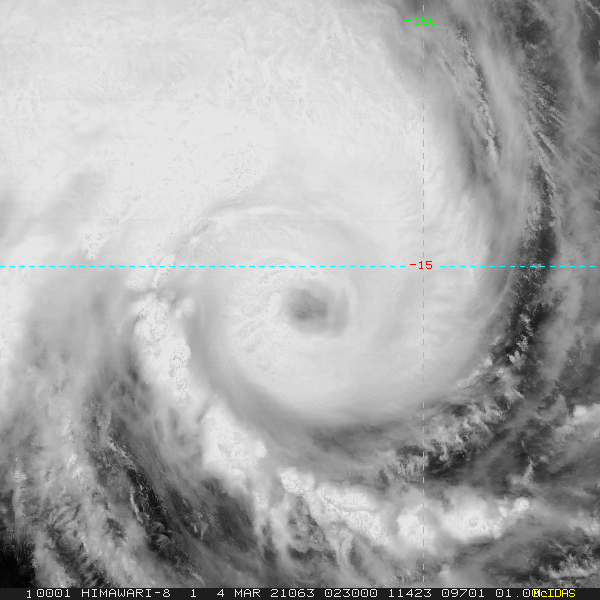 23P(NIRAN). 04/0230UTC.ANIMATED MULTISPECTRAL SATELLITE IMAGERY DEPICTS A FORMATIVE 40-KM EYE WITHIN A SYMMETRIC  CENTRAL DENSE OVERCAST WITH A BANDING FEATURE OVER THE NORTHERN  SEMICIRCLE. SATELLITE IMAGERY SUPPORTS THE INITIAL POSITION AND THE RECENT  EASTWARD TRACK MOTION WITH GOOD CONFIDENCE. ANIMATED RADAR IMAGERY  FROM THE WILLIS ISLAND RADAR REVEALS SPIRAL BANDING WRAPPING INTO A  WELL DEFINED EYEWALL WITH A SMALL BREAK IN THE SOUTH QUADRANT.