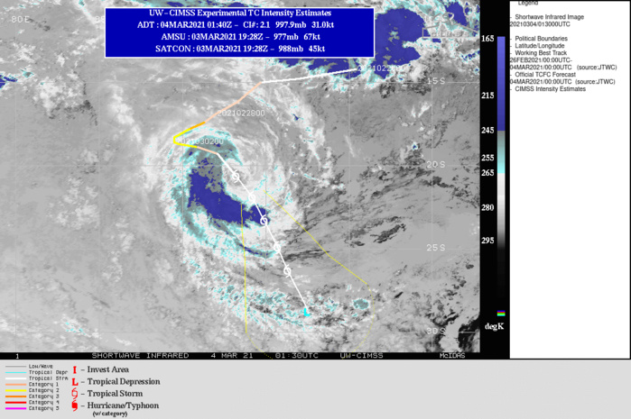 22S(MARIAN). WARNING 13 ISSUED AT 04/03UTC.  ENVIRONMENTAL ANALYSIS REVEALS MARGINALLY FAVORABLE  CONDITIONS WITH LOW VERTICAL WIND SHEAR AND GOOD  DUAL CHANNEL OUTFLOW OFFSET BY COOLING (25-26C) SEA SURFACE  TEMPERATURES (SST). TC 22S IS CURRENTLY TURNING TO THE SOUTH- SOUTHEAST ALONG THE WESTERN PERIPHERY OF A BUILDING SUBTROPICAL  RIDGE (STR) POSITIONED TO THE EAST AND IS FORECAST TO CONTINUE  TRACKING SOUTH-SOUTHEASTWARD AS THE STR CONTINUES TO BUILD. AT 48H, TC 22S WILL BEGIN TO DISSIPATE AS A MIDLATITUDE TROUGH BRINGS  STRONG WESTERLY WINDS WITH INCREASING WIND SHEAR. AS THE SYSTEM CONTINUES  TO MOVE SOUTH, IT WILL ENCOUNTER COOLER (22-23C) SSTS AND INCREASING  WIND SHEAR (35-45 KNOTS), DISSIPATING THE SYSTEM BY 72H.