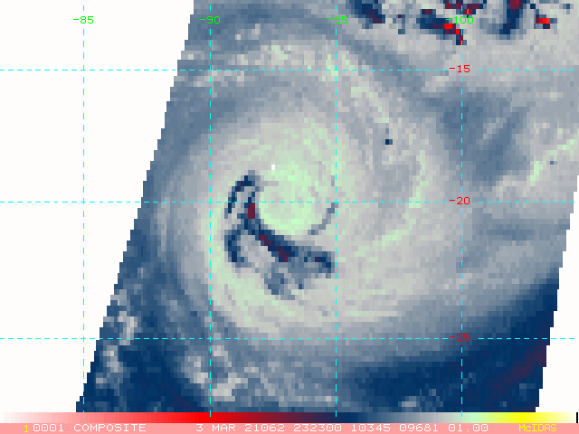 22S(MARIAN). 03/2323UTC.ANIMATED ENHANCED INFRARED (EIR) SATELLITE IMAGERY DEPICTS AN EXPOSED, WELL  DEFINED LOW LEVEL CIRCULATION WITH DECAYING DEEP CONVECTION.MICROWAVE IMAGE INDICATES THE SYSTEM IS STILL  WELL ORGANIZED WITH DEEP CONVECTIVE BANDING IN THE SOUTHERN  SEMICIRCLE WRAPPING INTO A MICROWAVE EYE FEATURE, WHICH SUPPORTS THE  INITIAL POSITION WITH HIGH CONFIDENCE..