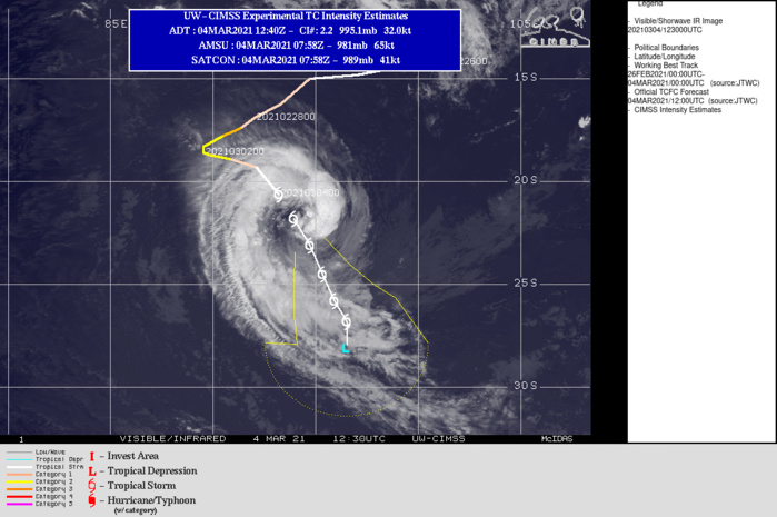 22S(MARIAN). WARNING 14 ISSUED AT 04/15UTC.THE ENVIRONMENT IS MARGINALLY FAVORABLE, WITH VERY GOOD POLEWARD OUTFLOW AND LOW VERTICAL WIND SHEAR:7/12KNOTS. HOWEVER THE SYSTEM IS CURRENTLY MOVING POLEWARD OVER WATERS LESS  THAN 26C WHICH IS SERVING TO CUT OFF ITS ENERGY SOURCE AND PUT A CAP  ON ANY FURTHER INTENSIFICATION. TC 22S IS FORECAST TO STEADILY  WEAKEN THROUGH THE FORECAST PERIOD, ULTIMATELY INTENSITY FALLING BELOW 35KNOTS BY 72H. THE SYSTEM IS MOVING SOUTH-SOUTHEASTWARD  ALONG THE WESTERN PERIPHERY OF A SUBTROPICAL RIDGE (STR) OVER  CENTRAL AUSTRALIA AND IS FORECAST TO CONTINUE THIS MOTION THROUGH  48H. AFTER 48H, AS THE SYSTEM DISSIPATES, IT WILL START TO  TURN SOUTHWESTWARD AS THE LOW TO MID-LEVEL TRANSIENT RIDGE TO THE  SOUTH TAKES OVER THE PRIMARY STEERING MECHANISM. 22S(MARIAN). WARNING 14 ISSUED AT 04/15UTC.THE ENVIRONMENT IS MARGINALLY FAVORABLE, WITH VERY GOOD POLEWARD OUTFLOW AND LOW VERTICAL WIND SHEAR:7/12KNOTS. HOWEVER THE SYSTEM IS CURRENTLY MOVING POLEWARD OVER WATERS LESS  THAN 26C WHICH IS SERVING TO CUT OFF ITS ENERGY SOURCE AND PUT A CAP  ON ANY FURTHER INTENSIFICATION. TC 22S IS FORECAST TO STEADILY  WEAKEN THROUGH THE FORECAST PERIOD, ULTIMATELY INTENSITY FALLING BELOW 35KNOTS BY 72H. THE SYSTEM IS MOVING SOUTH-SOUTHEASTWARD  ALONG THE WESTERN PERIPHERY OF A SUBTROPICAL RIDGE (STR) OVER  CENTRAL AUSTRALIA AND IS FORECAST TO CONTINUE THIS MOTION THROUGH  48H. AFTER 48H, AS THE SYSTEM DISSIPATES, IT WILL START TO  TURN SOUTHWESTWARD AS THE LOW TO MID-LEVEL TRANSIENT RIDGE TO THE  SOUTH TAKES OVER THE PRIMARY STEERING MECHANISM.