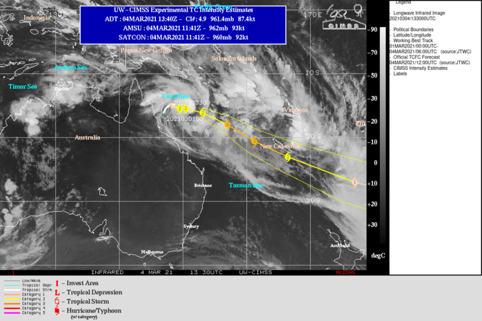 23P(NIRAN). WARNING 15 ISSUED AT 04/15UTC. AS THE RECENT JOG TO THE EAST INDICATES, THE SYSTEM REMAINS IN A RELATIVELY WEAK  STEERING ENVIRONMENT BETWEEN THE SUBTROPICAL RIDGE (STR) TO THE WEST  AND A NEAR EQUATORIAL RIDGE (NER) TO THE EAST. OVER THE NEXT FEW  HOURS HOWEVER, THE NER SHOULD GAIN PREDOMINANCE AS THE PRIMARY  STEERING MECHANISM, RESULTING IN A SOUTHEASTWARD TRACK. ONCE  ESTABLISHED ON THE SOUTHEASTWARD TRACK, TC 23P WILL STEADILY  ACCELERATE AS IT BECOMES EMBEDDED WITHIN THE STRONG GRADIENT BETWEEN  THE BUILDING RIDGE TO THE EAST AND AN APPROACHING MID-LATITUDE MAJOR  SHORTWAVE TROUGH APPROACHING FROM THE WEST. THE SYSTEM IS EXPECTED  TO INTENSIFY TO A PEAK OF 110 KNOTS US/CATEGORY 3 BY 24H AS IT ENTERS A SHORT  PERIOD OF VERY STRONG POLEWARD OUTFLOW AND RELATIVELY LOW WIND SHEAR. THIS  INTENSIFICATION WILL BE SHORT-LIVED AND BY 36H, THE STEADILY  INCREASING WIND SHEAR AND COOLER SEAS WILL CONSPIRE TO WEAKEN THE SYSTEM AS  IT RAPIDLY TRANSLATES TO THE SOUTHEAST. TC 23P IS FORECAST TO BEGIN  SUBTROPICAL TRANSITION BY 48H AND COMPLETE TRANSITION TO A STORM  FORCE SUBTROPICAL LOW BY 72H.