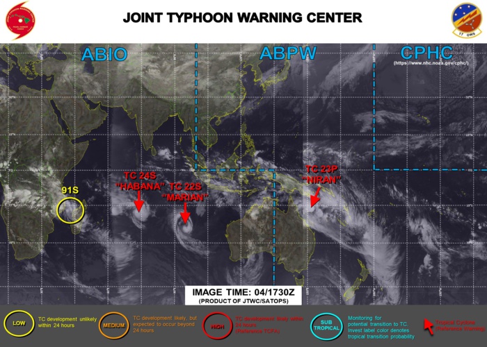 05/03UTC.THE JTWC IS ISSUING 6HOURLY WARNINGS ON 23P(NIRAN) AND 12HOURLY WARNINGS ON 22S(MARIAN) AND 24S(HABANA). 3 HOURLY SATELLITE BULLETINS ARE ISSUED FOR THE 3 SYSTEMS. INVEST 91S IS  ASSESSED AS CURRENTLY HAVING LOW CHANCES OF REACHING 35KNOTS WITHIN THE NEXT 24HOURS. 05/03UTC.THE JTWC IS ISSUING 6HOURLY WARNINGS ON 23P(NIRAN) AND 12HOURLY WARNINGS ON 22S(MARIAN) AND 24S(HABANA). 3 HOURLY SATELLITE BULLETINS ARE ISSUED FOR THE 3 SYSTEMS. INVEST 91S IS  ASSESSED AS CURRENTLY HAVING LOW CHANCES OF REACHING 35KNOTS WITHIN THE NEXT 24HOURS.