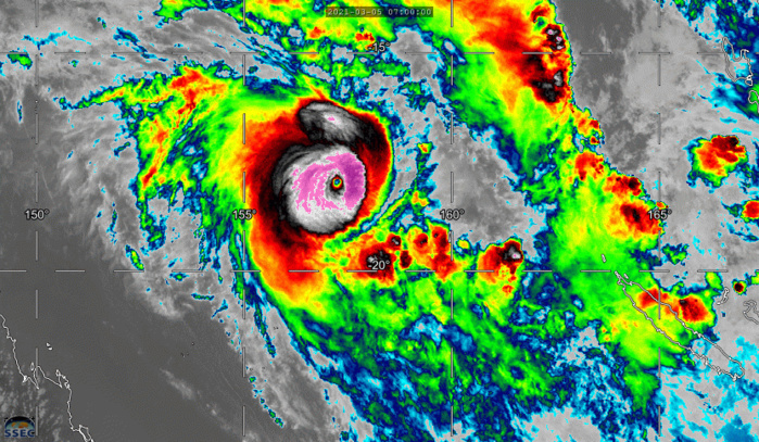 23P(NIRAN). 05/09UTC. ENHANCED INFRA-RED ANIMATION SHOWS COOLING CLOUD TOPS AROUND THE WELL DEFINED EYE .THE SATELLITE SIGNATURE IS NOW IMPRESSIVE FOR THIS COMPACT SYSTEM. THE CYCLONE IS STILL INTENSIFYING. DVORAK ANALYSIS FROM PGTW(JTWC) IS AT 7.0/7.0 AT 05/0850UTC. IF NEEDED CLICK TO ANIMATE.