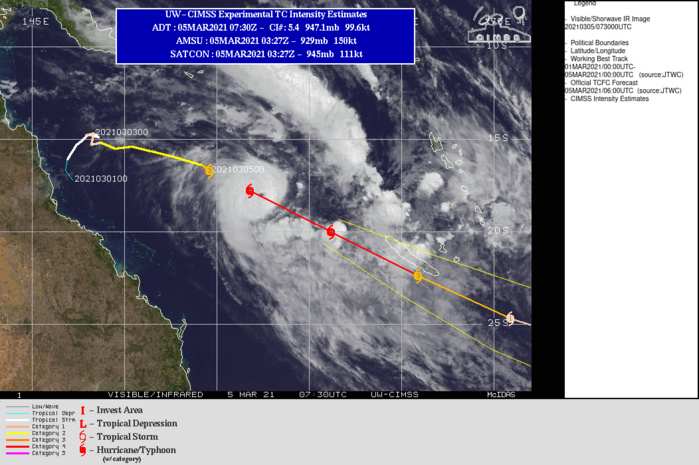 23P(NIRAN). WARNING 18 ISSUED AT 05/09UTC. TC 23P IS RAPIDLY MOVING SOUTHEASTWARD ALONG THE SOUTHWESTERN PERIPHERY OF A COMBINED NEAR EQUATORIAL AND SUBTROPICAL RIDGE COMPLEX CENTERED TO THE NORTHEAST. THE ENVIRONMENT REMAINS FAVORABLE FOR THE MOMENT WITH MODERATE (20-25 KT) VERTICAL WIND SHEAR BEING OFFSET BY VERY STRONG POLEWARD OUTFLOW AND WARM (29C) SSTS. THE SYSTEM IS FORECAST TO CONTINUE TRACKING SOUTHEASTWARD THROUGH 48H ALONG THE TIGHT GRADIENT BETWEEN THE RIDGE COMPLEX TO THE NORTHEAST AND AN APPROACHING MAJOR SHORTWAVE TROUGH TO THE WEST. BY THE END OF THE FORECAST, THE SYSTEM WILL MOVE SLIGHTLY MORE EASTWARD AS IT COMES UNDER THE STEERING INFLUENCE OF A DYNAMIC LOW TO MID-LEVEL ANTICYCLONE TO THE SOUTH. IN THE NEAR-TERM, GOOD ENVIRONMENTAL CONDITIONS WILL SUPPORT ADDITIONAL INTENSIFICATION TO A PEAK OF 120 KNOTS/US CATEGORY 4 BY12H. THEREAFTER, ENVIRONMENTAL CONDITIONS BEGIN TO RAPIDLY DETERIORATE AS THE VERTICAL WIND SHEAR INCREASES TO AN EXTENT THAT THE OUTFLOW CANNOT OVERCOME AND THE CORE BECOMES DISRUPTED. AFTER 48H, VERTICAL WIND SHEAR WEAKENS SLIGHTLY, BUT DRY AIR ENTRAINMENT AND COOL SSTS AT OR BELOW 26C WILL SERVE TO FURTHER WEAKEN THE SYSTEM AS IT BEGINS SUBTROPICAL TRANSITION. THE TRANSITION TO A STORM FORCE SUBTROPICAL SYSTEM WILL BE COMPLETE NO LATER THAN, AND POSSIBLY EARLIER THAN, 72H. 23P(NIRAN). WARNING 18 ISSUED AT 05/09UTC. TC 23P IS RAPIDLY MOVING SOUTHEASTWARD ALONG THE SOUTHWESTERN PERIPHERY OF A COMBINED NEAR EQUATORIAL AND SUBTROPICAL RIDGE COMPLEX CENTERED TO THE NORTHEAST. THE ENVIRONMENT REMAINS FAVORABLE FOR THE MOMENT WITH MODERATE (20-25 KT) VERTICAL WIND SHEAR BEING OFFSET BY VERY STRONG POLEWARD OUTFLOW AND WARM (29C) SSTS. THE SYSTEM IS FORECAST TO CONTINUE TRACKING SOUTHEASTWARD THROUGH 48H ALONG THE TIGHT GRADIENT BETWEEN THE RIDGE COMPLEX TO THE NORTHEAST AND AN APPROACHING MAJOR SHORTWAVE TROUGH TO THE WEST. BY THE END OF THE FORECAST, THE SYSTEM WILL MOVE SLIGHTLY MORE EASTWARD AS IT COMES UNDER THE STEERING INFLUENCE OF A DYNAMIC LOW TO MID-LEVEL ANTICYCLONE TO THE SOUTH. IN THE NEAR-TERM, GOOD ENVIRONMENTAL CONDITIONS WILL SUPPORT ADDITIONAL INTENSIFICATION TO A PEAK OF 120 KNOTS/US CATEGORY 4 BY12H. THEREAFTER, ENVIRONMENTAL CONDITIONS BEGIN TO RAPIDLY DETERIORATE AS THE VERTICAL WIND SHEAR INCREASES TO AN EXTENT THAT THE OUTFLOW CANNOT OVERCOME AND THE CORE BECOMES DISRUPTED. AFTER 48H, VERTICAL WIND SHEAR WEAKENS SLIGHTLY, BUT DRY AIR ENTRAINMENT AND COOL SSTS AT OR BELOW 26C WILL SERVE TO FURTHER WEAKEN THE SYSTEM AS IT BEGINS SUBTROPICAL TRANSITION. THE TRANSITION TO A STORM FORCE SUBTROPICAL SYSTEM WILL BE COMPLETE NO LATER THAN, AND POSSIBLY EARLIER THAN, 72H.