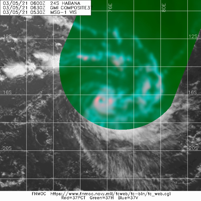 24S(HABANA). 05/0630UTC. A  050630Z GMI 89GHZ MICROWAVE IMAGE CONFIRMED THE VERY WELL DEFINED  EYE SURROUNDED BY DEEP CONVECTION. THE 37GHZ IMAGE CONFIRMED THE  PRESENCE OF THE STRONG CYAN RING SIGNATURE, INDICATIVE OF THE RECENT  RAPID INTENSIFICATION AND HINTING AT THE POTENTIAL FOR SOME  ADDITIONAL DEVELOPMENT IN THE NEAR TERM.