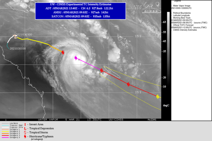 23P(NIRAN). WARNING 19 ISSUED AT 05/15UTC.THE ENVIRONMENT IS GENERALLY FAVORABLE, THOUGH VERTICAL WIND SHEAR  IS INCREASING TO 20 TO 25 KTS. HOWEVER, THE SHEAR VECTOR IS IN PHASE  WITH THE STORM MOTION RESULTING IN SOMEWHAT LOWER RELATIVE WIND SHEAR  WHICH, COMBINED WITH WARM (28-29C) SSTS AND VERY STRONG POLEWARD  OUTFLOW, HAS ENABLED THE RECENT EXTREMELY RAPID INTENSIFICATION. TC 23P IS MOVING RAPIDLY  SOUTHEASTWARD IN THE TIGHT UPPER-LEVEL GRADIENT BETWEEN A DEEP-LAYER  RIDGE COMPLEX EXTENDING FROM FIJI NORTHWEST TO THE EQUATOR AND AN  APPROACHING MAJOR SHORTWAVE TROUGH APPROACHING FROM THE WEST. THIS  SOUTHEASTWARD MOTION IS FORECAST TO CONTINUE THROUGH 48H, BEFORE  TURNING MORE EASTWARD AT 72H. TC 23P IS FORECAST TO SLOWLY WEAKEN  OVER THE NEXT 12 HOURS AS THE ROBUST POLEWARD OUTFLOW OFFSETS THE  STEADILY INCREASING, BUT IN PHASE, WIND SHEAR. AFTER 24H THE RATE OF  WEAKENING WILL INCREASE AS DIFFLUENT UPPER-LEVEL OUTFLOW WEAKENS,  WIND SHEAR INCREASES AND THE SYSTEM MOVES OVER COOLER WATERS. THE SYSTEM  WILL BEGIN SUBTROPICAL TRANSITION BY 36H AS IT MOVES BEGINS TO  INTERACT WITH AND EVENTUALLY MOVE UNDER THE APPROACHING TROUGH AND  INTO MUCH COOLER WATERS. TRANSITION TO A STORM FORCE SUBTROPICAL LOW  IS EXPECTED NO LATER THAN 72H, OR POTENTIALLY AS EARLY AS 60H.