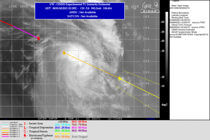 23P(NIRAN). WARNING 21 ISSUED AT 06/03UTC. THE INTENSITY WAS ASSESSED AT 110 KNOTS/US CAT 3, WHICH IS CLOSE TO CIMSS ADT ESTIMATES AND BELOW AGENCY CURRENT INTENSITY ESTIMATES GIVEN THE RAPID WEAKENING OBSERVED.ALTHOUGH POLEWARD OUTFLOW REMAINS ROBUST,VERTICAL WIND SHEAR IS NOW 30 KNOTS AND EXPECTED TO INCREASE. ADDITIONALLY, NIRAN IS TRACKING THROUGH A SHARP GRADIENT OF DECLINING SEA SURFACE TEMPERATURE VALUES. TC 23P IS TRACKING RAPIDLY EAST-SOUTHEASTWARD WITHIN THE TIGHT UPPER-LEVEL GRADIENT BETWEEN THE DEEP-LAYER RIDGE TO THE NORTH AND A MAJOR SHORTWAVE TROUGH TO THE SOUTH. THE SYSTEM IS EXPECTED TO MAINTAIN THIS SOUTHEASTWARD TRACK THROUGH 24H WHERE IT TURNS TO A GENERALLY EASTWARD TRACK. BY 24H, THE SYSTEM SHOULD BEGIN SUBTROPICAL TRANSITION AS IT MOVES INTO COOLER (LESS THAN 26 C) WATERS AND INTERACTS WITH THE TROUGH. THROUGHOUT THE FORECAST PERIOD, TC 23P SHOULD STEADILY WEAKEN AS PERSISTENT HIGH WIND SHEAR IMPACTS THE SYSTEM, WEAKENING TO 45 KNOTS BY 48H. THE SYSTEM SHOULD COMPLETE SUBTROPICAL TRANSITION BY 48H, IF NOT SOONER. 23P(NIRAN). WARNING 21 ISSUED AT 06/03UTC. THE INTENSITY WAS ASSESSED AT 110 KNOTS/US CAT 3, WHICH IS CLOSE TO CIMSS ADT ESTIMATES AND BELOW AGENCY CURRENT INTENSITY ESTIMATES GIVEN THE RAPID WEAKENING OBSERVED.ALTHOUGH POLEWARD OUTFLOW REMAINS ROBUST,VERTICAL WIND SHEAR IS NOW 30 KNOTS AND EXPECTED TO INCREASE. ADDITIONALLY, NIRAN IS TRACKING THROUGH A SHARP GRADIENT OF DECLINING SEA SURFACE TEMPERATURE VALUES. TC 23P IS TRACKING RAPIDLY EAST-SOUTHEASTWARD WITHIN THE TIGHT UPPER-LEVEL GRADIENT BETWEEN THE DEEP-LAYER RIDGE TO THE NORTH AND A MAJOR SHORTWAVE TROUGH TO THE SOUTH. THE SYSTEM IS EXPECTED TO MAINTAIN THIS SOUTHEASTWARD TRACK THROUGH 24H WHERE IT TURNS TO A GENERALLY EASTWARD TRACK. BY 24H, THE SYSTEM SHOULD BEGIN SUBTROPICAL TRANSITION AS IT MOVES INTO COOLER (LESS THAN 26 C) WATERS AND INTERACTS WITH THE TROUGH. THROUGHOUT THE FORECAST PERIOD, TC 23P SHOULD STEADILY WEAKEN AS PERSISTENT HIGH WIND SHEAR IMPACTS THE SYSTEM, WEAKENING TO 45 KNOTS BY 48H. THE SYSTEM SHOULD COMPLETE SUBTROPICAL TRANSITION BY 48H, IF NOT SOONER.