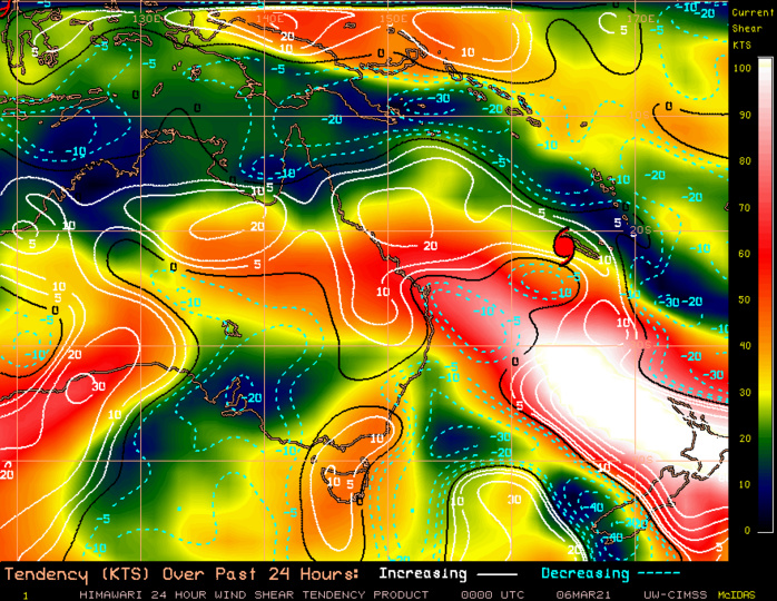 23P(NIRAN). 06/00UTC. CIMSS Vertical Shear Magnitude : 13.5 m/s (26.2 kts) Direction : 337.0 deg. Experimental Vertical Shear and TC Intensity Trend Estimates: UNFAVOURABLE OVER 24H 23P(NIRAN). 06/00UTC. CIMSS Vertical Shear Magnitude : 13.5 m/s (26.2 kts) Direction : 337.0 deg. Experimental Vertical Shear and TC Intensity Trend Estimates: UNFAVOURABLE OVER 24H