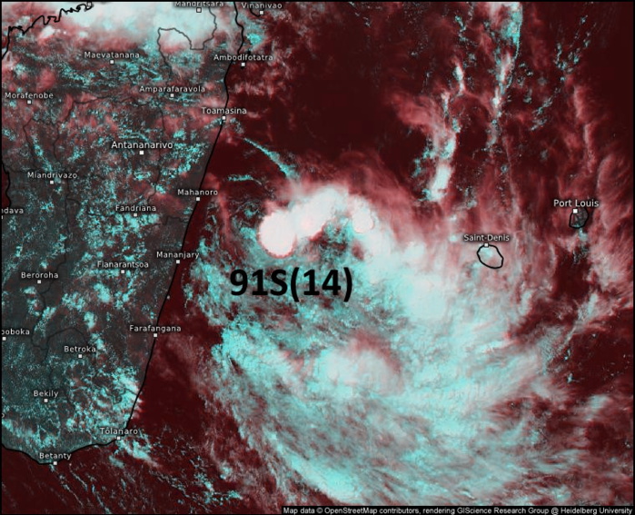 Image Météosat-8 de 14heures ce samedi. La zone active( nuages actifs en blanc avec des sommets très froids( -88°Celsius pour les plus actifs) se développe à l'Ouest Nord-Ouest de la RÉUNION. Eumetsat.PH.