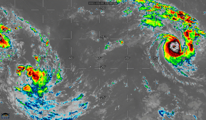 06/18UTC. 9H ANIMATION. CAT4 24S(HABANA) ON THE RIGHT END. ON THE LEFT END INVEST 91S IS CURRENTLY ASSESSED AT 30KNOTS WITH ASSOCIATED INTENSE CONVECTION TRACKING PARTLY OVER RÉUNION ISLAND. IF NEEDED CLICK TO ANIMATE.