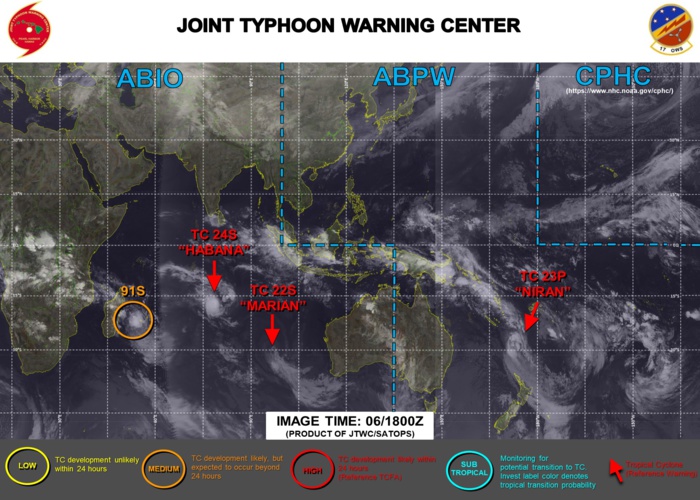 06/18UTC. JTWC HAS BEEN ISSUING 6HOURLY WARNINGS ON 23P(NIRAN) AND 12HOURLY WARNINGS ON 24S(HABANA). WARNING 17/FINAL WAS ISSUED AT 06/09UTC FOR 22S(MARIAN). INVEST 91S IS NOW ASSESSED AS HAVING MEDIUM CHANCES OF REACHING 35KNOTS WITHIN 24HOURS. 3 HOURLY SATELLITE BULLETINS ARE ISSUED FOR THE 4 SYSTEMS. 06/18UTC. JTWC HAS BEEN ISSUING 6HOURLY WARNINGS ON 23P(NIRAN) AND 12HOURLY WARNINGS ON 24S(HABANA). WARNING 17/FINAL WAS ISSUED AT 06/09UTC FOR 22S(MARIAN). INVEST 91S IS NOW ASSESSED AS HAVING MEDIUM CHANCES OF REACHING 35KNOTS WITHIN 24HOURS. 3 HOURLY SATELLITE BULLETINS ARE ISSUED FOR THE 4 SYSTEMS.