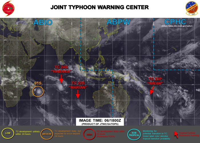 06/18UTC. JTWC HAS BEEN ISSUING 6HOURLY WARNINGS ON 23P(NIRAN) AND 12HOURLY WARNINGS ON 24S(HABANA). WARNING 17/FINAL WAS ISSUED AT 06/09UTC FOR 22S(MARIAN). INVEST 91S IS NOW ASSESSED AS HAVING MEDIUM CHANCES OF REACHING 35KNOTS WITHIN 24HOURS. 3 HOURLY SATELLITE BULLETINS ARE ISSUED FOR THE 4 SYSTEMS.