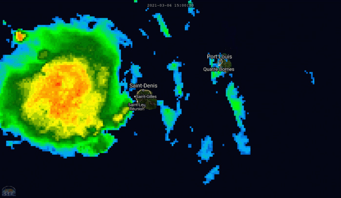 INVEST 91S. 07/00UTC. 9H ANIMATION DEPICTING  INTENSE CONVECTION TRACKING OVER RÉUNION ISLAND WHERE A MARKED THUNDERY ACTIVITY IS REPORTED. SEVERAL LOCATIONS REPORT TOPS GUSTS NEAR OR ABOVE 100KM/H(TOPOGRAPHY ENHANCED). INVEST 91S. 07/00UTC. 9H ANIMATION DEPICTING  INTENSE CONVECTION TRACKING OVER RÉUNION ISLAND WHERE A MARKED THUNDERY ACTIVITY IS REPORTED. SEVERAL LOCATIONS REPORT TOPS GUSTS NEAR OR ABOVE 100KM/H(TOPOGRAPHY ENHANCED).
