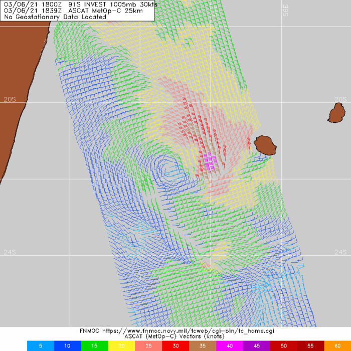 INVEST 91S. 06/1839UTC. METOP- C ASCAT PASS SHOWS A MUCH TIGHTER LOW LEVEL CIRCULATION (LLC) WITH  RAPIDLY INCREASING WIND SPEEDS.