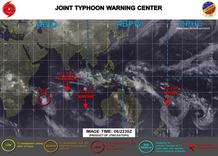 06/22UTC. INVEST 91S IS UP-GRADED TO HIGH.THE SYSTEM IS LIKELY TO DEVELOP 35KNOT WINDS NEAR THE CENTER WITHIN THE NEXT HOURS.