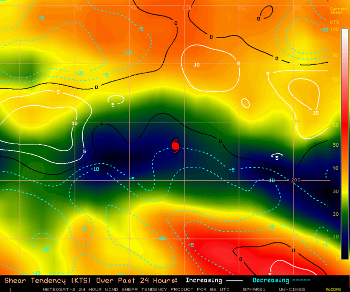 24S(HABANA). CIMSS Vertical Shear Magnitude : 5.2 m/s (10.0 kts) Direction :   46.3 deg Experimental Vertical Shear and TC Intensity Trend Estimates: UNFAVOURABLE OVER 24H 24S(HABANA). CIMSS Vertical Shear Magnitude : 5.2 m/s (10.0 kts) Direction :   46.3 deg Experimental Vertical Shear and TC Intensity Trend Estimates: UNFAVOURABLE OVER 24H