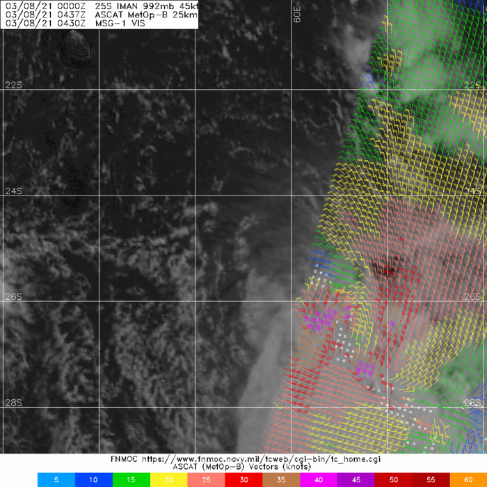 25S(IMAN). THE INITIAL POSITION AND  INTENSITY ARE PLACED WITH HIGH CONFIDENCE BASED ON A 08/0437UTC 25KM  RESOLUTION ASCAT BULLSEYE PASS.